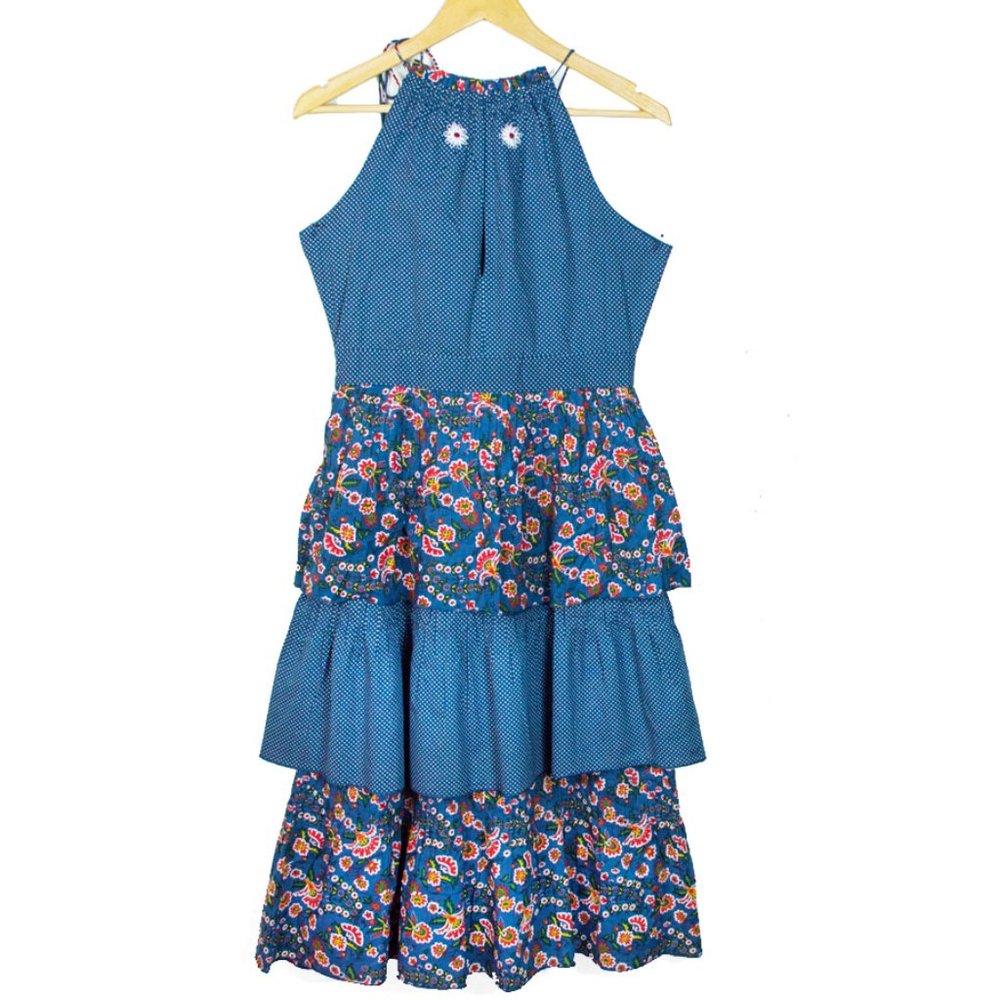 Kopal Izzy Boho Anthropologie Blue Foliage Triple Tiered Dress Medium - Picture 7 of 12
